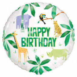 Animal Safari Happy Birthday Round Foil Balloon - Inflated