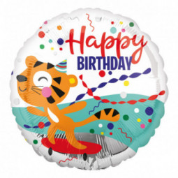 Happy Birthday Tiger Round Foil Balloon - Inflated