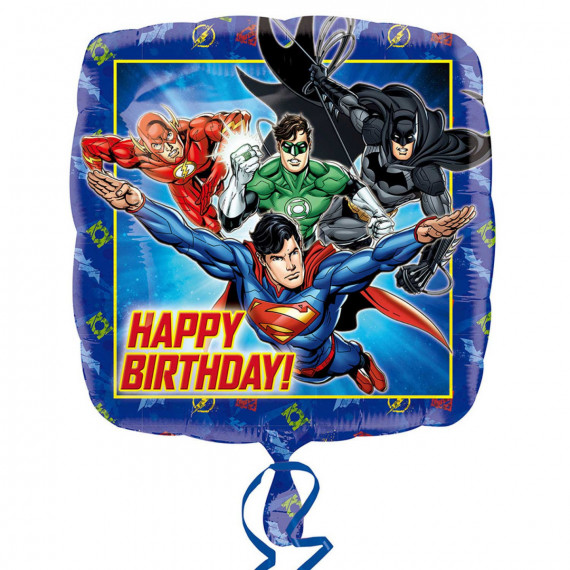 Justice League Happy Birthday Square Foil Balloon - Inflated Justice League Happy Birthday Square Foil Balloon - Inflated