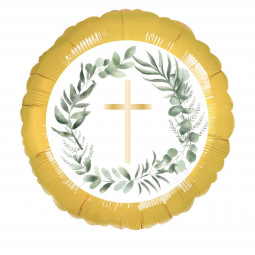 Gold Botanical Cross Round Foil Balloon - Inflated