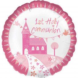 Pink 1st Communion Round Foil Balloon - Inflated