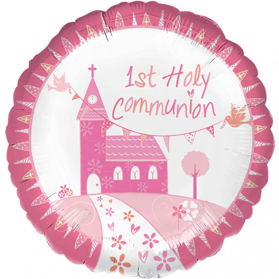 Pink 1st Communion Round Foil Balloon - Inflated Pink 1st Communion Round Foil Balloon - Inflated