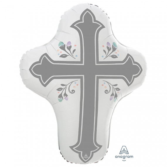 Silver and White Cross SuperShape Foil Balloon - Inflated Silver and White Cross SuperShape Foil Balloon - Inflated
