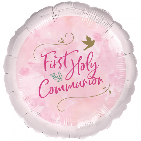 Pink 1st Communion Round Foil Balloon - Inflated Pink 1st Communion Round Foil Balloon - Inflated