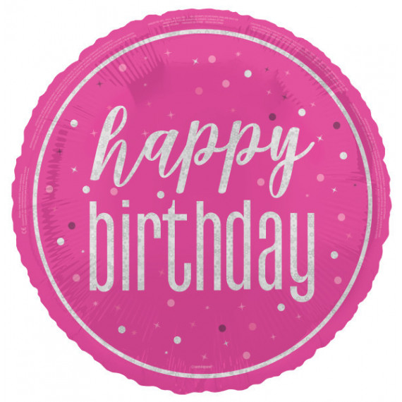 Pink Happy Birthday Round Foil Balloon - Inflated