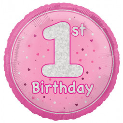Pink Happy 1st Birthday Round Foil Balloon - Inflated