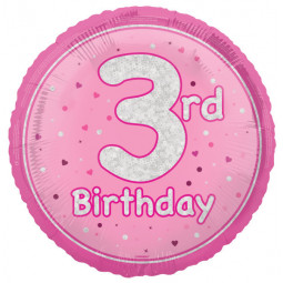 Pink Happy 3rd Birthday Round Foil Balloon - Inflated