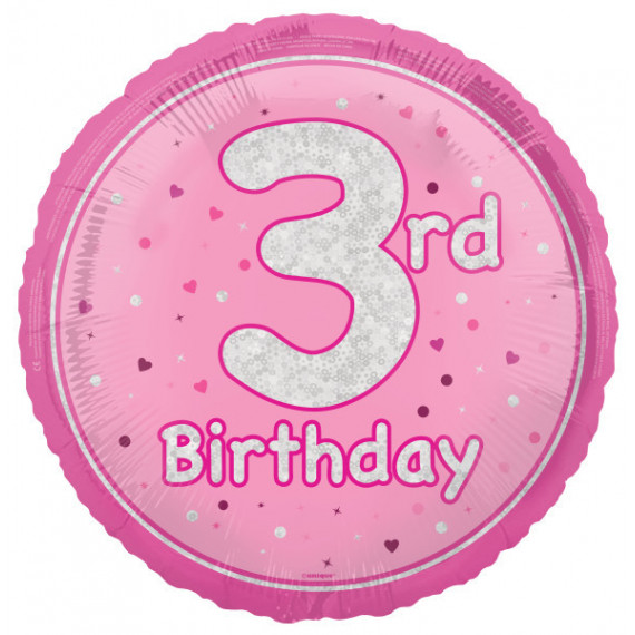Pink Happy 3rd Birthday Round Foil Balloon - Inflated
