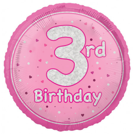 Pink Happy 3rd Birthday Round Foil Balloon - Inflated