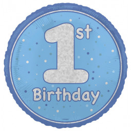 Blue Happy 1st Birthday Round Foil Balloon - Inflated