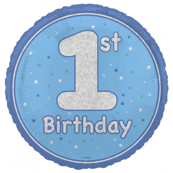 Blue Happy 1st Birthday Round Foil Balloon - Inflated