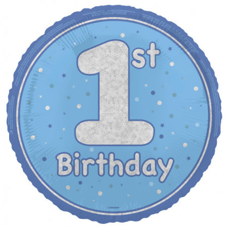 Blue Happy 1st Birthday Round Foil Balloon - Inflated