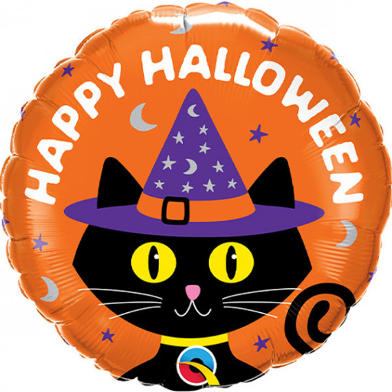 Happy Halloween Black Cat Round Foil Balloon - Inflated Happy Halloween Black Cat Round Foil Balloon - Inflated