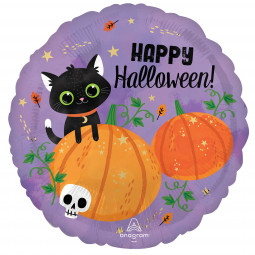 Happy Halloween Black Cat Round Foil Balloon - Inflated