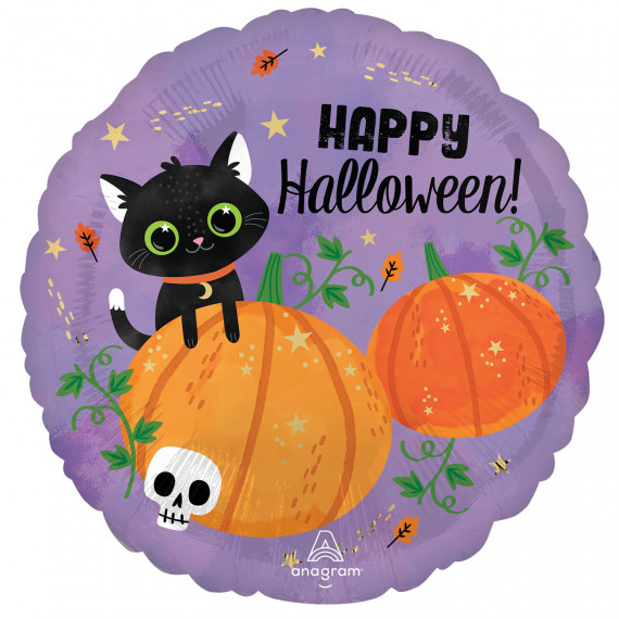 Happy Halloween Black Cat Round Foil Balloon - Inflated Happy Halloween Black Cat Round Foil Balloon - Inflated