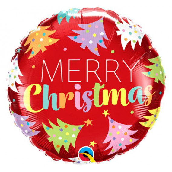 Red Merry Christmas Round Foil Balloon - Inflated Red Merry Christmas Round Foil Balloon - Inflated