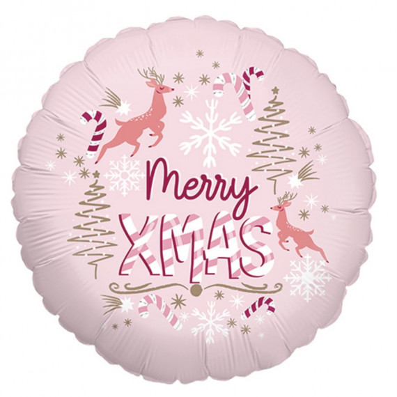 Pink Merry Christmas Round Foil Balloon - Inflated Pink Merry Christmas Round Foil Balloon - Inflated