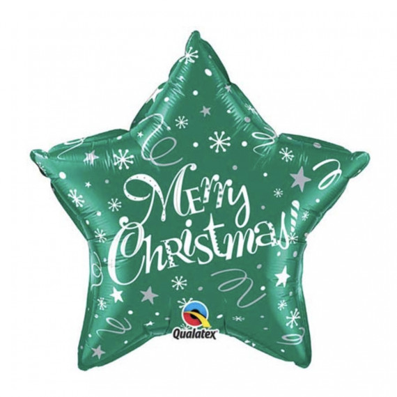 Green Merry Christmas Star Foil Balloon - Inflated Green Merry Christmas Star Foil Balloon - Inflated