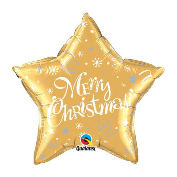 Gold Merry Christmas Star Foil Balloon - Inflated Gold Merry Christmas Star Foil Balloon - Inflated