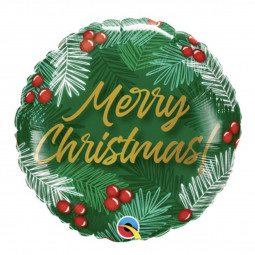 Green Merry Christmas Round Foil Balloon - Inflated