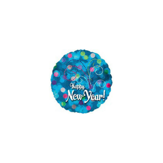 Blue Happy New Year Round Foil Balloon - Inflated Blue Happy New Year Round Foil Balloon - Inflated