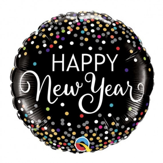Black Happy New Year Round Foil Balloon - Inflated Black Happy New Year Round Foil Balloon - Inflated