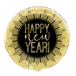 Black and Gold Happy New Year Round Foil Balloon - Inflated
