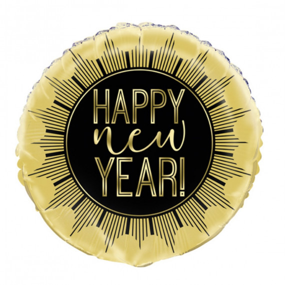 Black and Gold Happy New Year Round Foil Balloon - Inflated Black and Gold Happy New Year Round Foil Balloon - Inflated