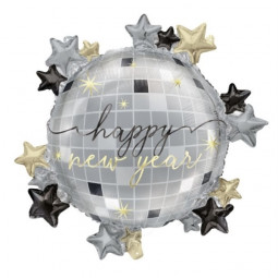 Happy New Year Disco Ball Supershape Foil Balloon - Inflated