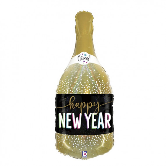 Happy New Year Champagne Supershape Foil Balloon - Inflated