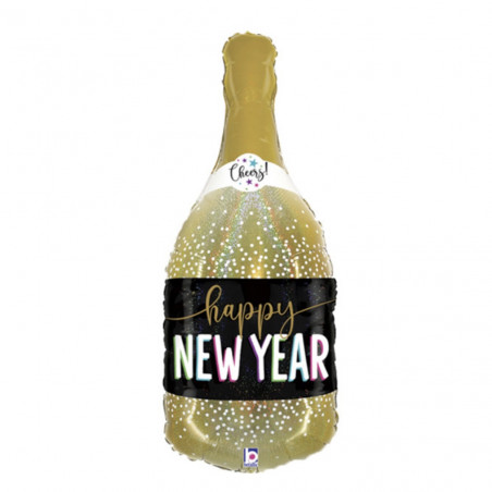 Happy New Year Champagne Supershape Foil Balloon - Inflated
