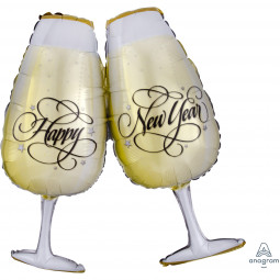 Happy New Year Champagne Glasses Supershape Foil Balloon - Inflated