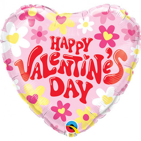 Happy Valentines Day Daisy Heart Foil Balloon - Inflated