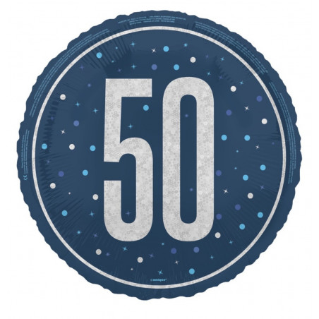 Blue 50th Birthday Round Foil Balloon - Inflated