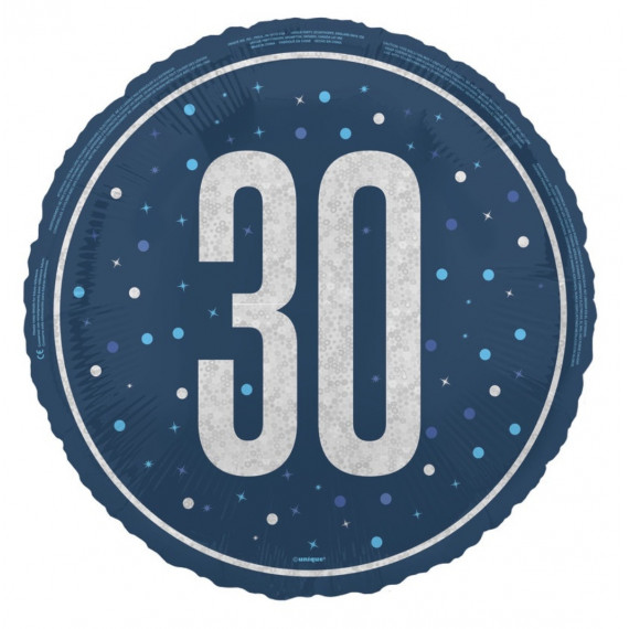 Blue 30th Birthday Round Foil Balloon - Inflated
