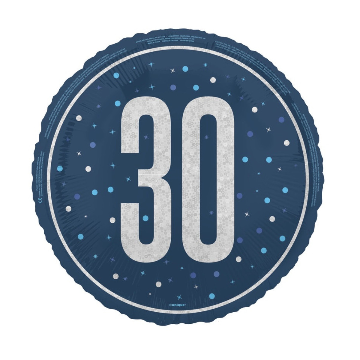 Blue 30th Birthday Round Foil Balloon - Inflated