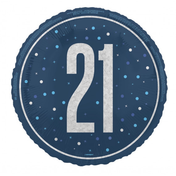 Blue 21st Birthday Round Foil Balloon - Inflated