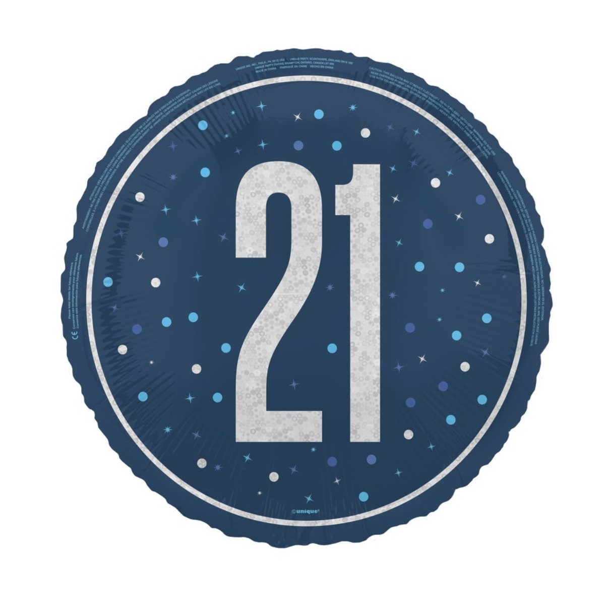 Blue 21st Birthday Round Foil Balloon - Inflated