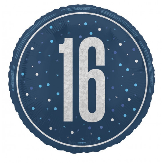 Blue 16th Birthday Round Foil Balloon - Inflated
