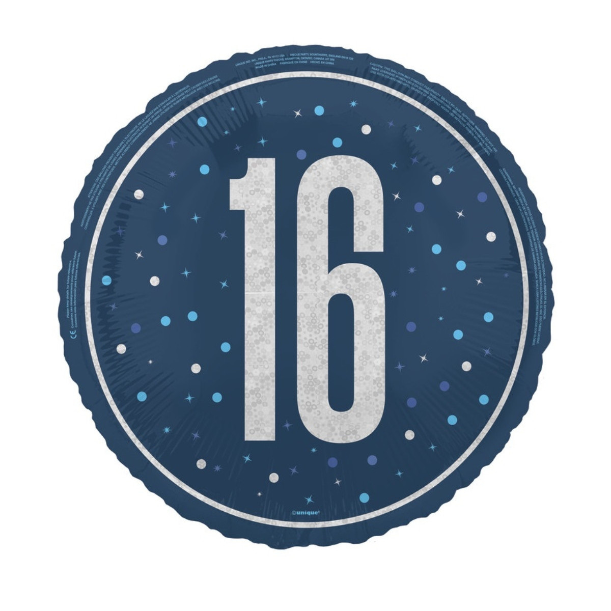Blue 16th Birthday Round Foil Balloon - Inflated