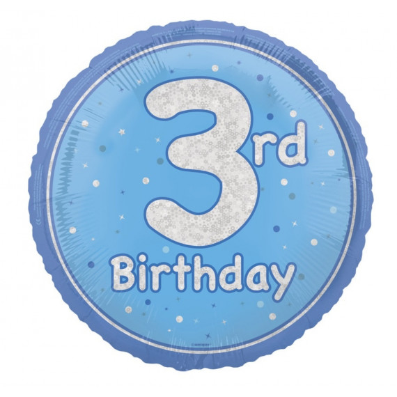 Blue Happy 3rd Birthday Round Foil Balloon - Inflated