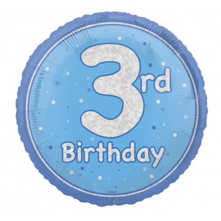 Blue Happy 3rd Birthday Round Foil Balloon - Inflated