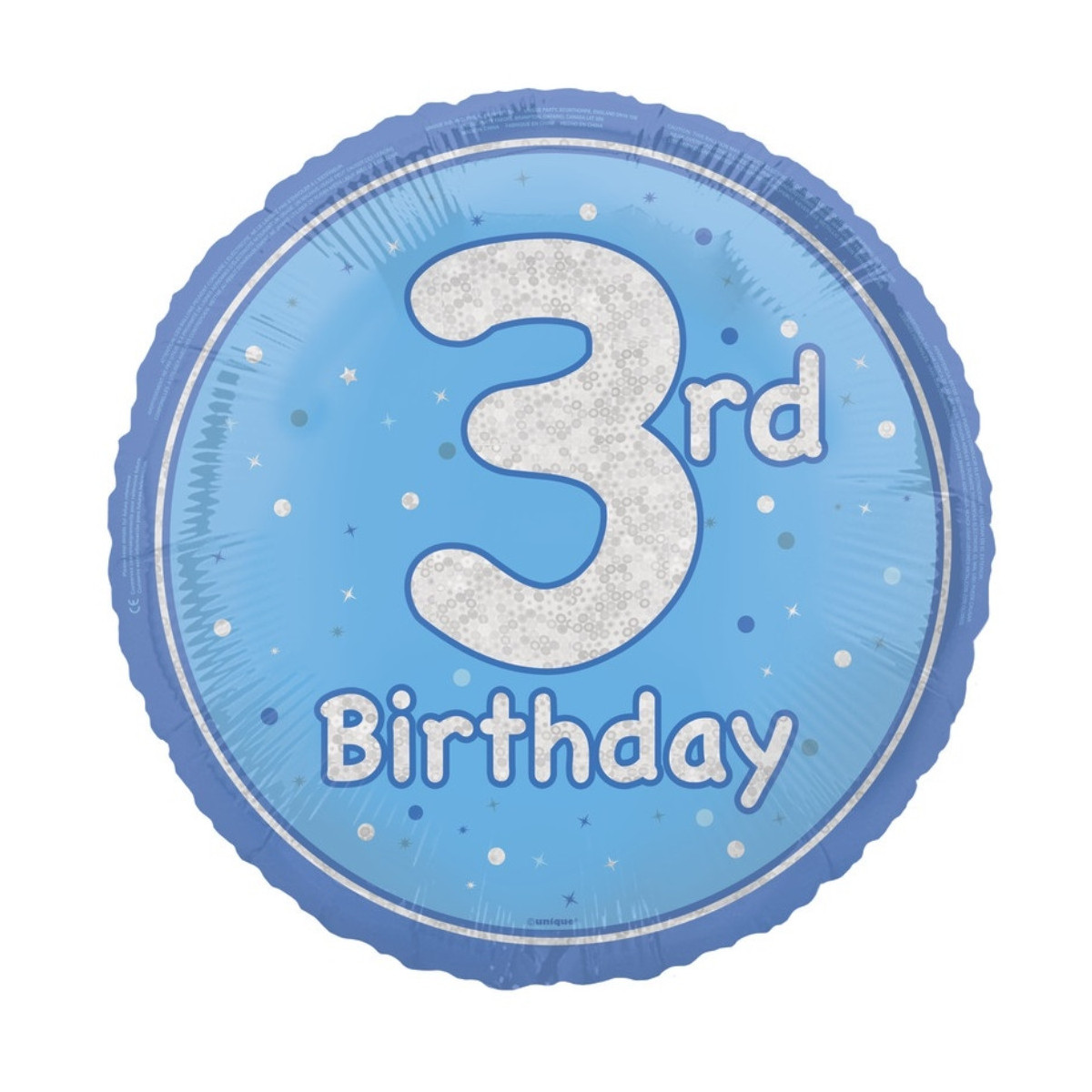 Blue Happy 3rd Birthday Round Foil Balloon - Inflated