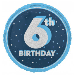 Blue Happy 6th Birthday Round Foil Balloon - Inflated