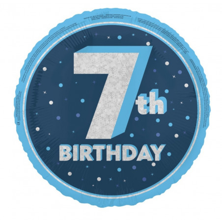Blue Happy 7th Birthday Round Foil Balloon - Inflated