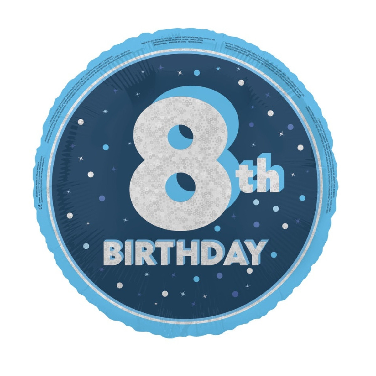 Blue Happy 8th Birthday Round Foil Balloon - Inflated