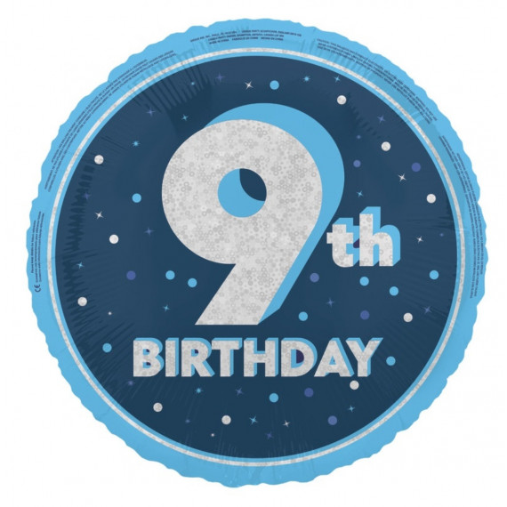 Blue Happy 9th Birthday Round Foil Balloon - Inflated