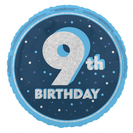 Blue Happy 9th Birthday Round Foil Balloon - Inflated