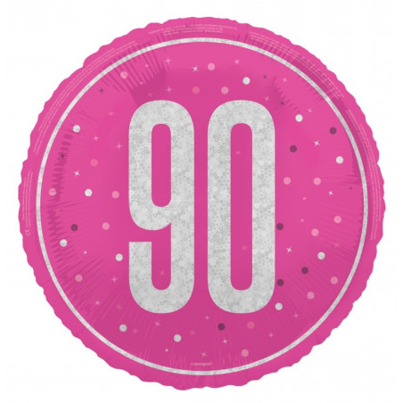 Pink 90th Birthday Round Foil Balloon - Inflated