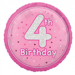 Pink Happy 4th Birthday Round Foil Balloon - Inflated